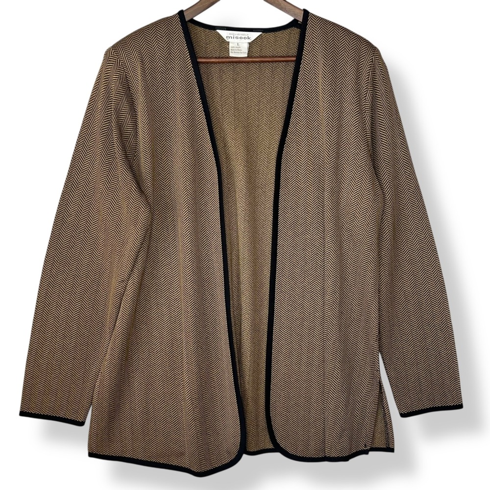 Misook L Tan‎ Black Herringbone Knit Open Front Cardigan Chevron Quiet Luxury
